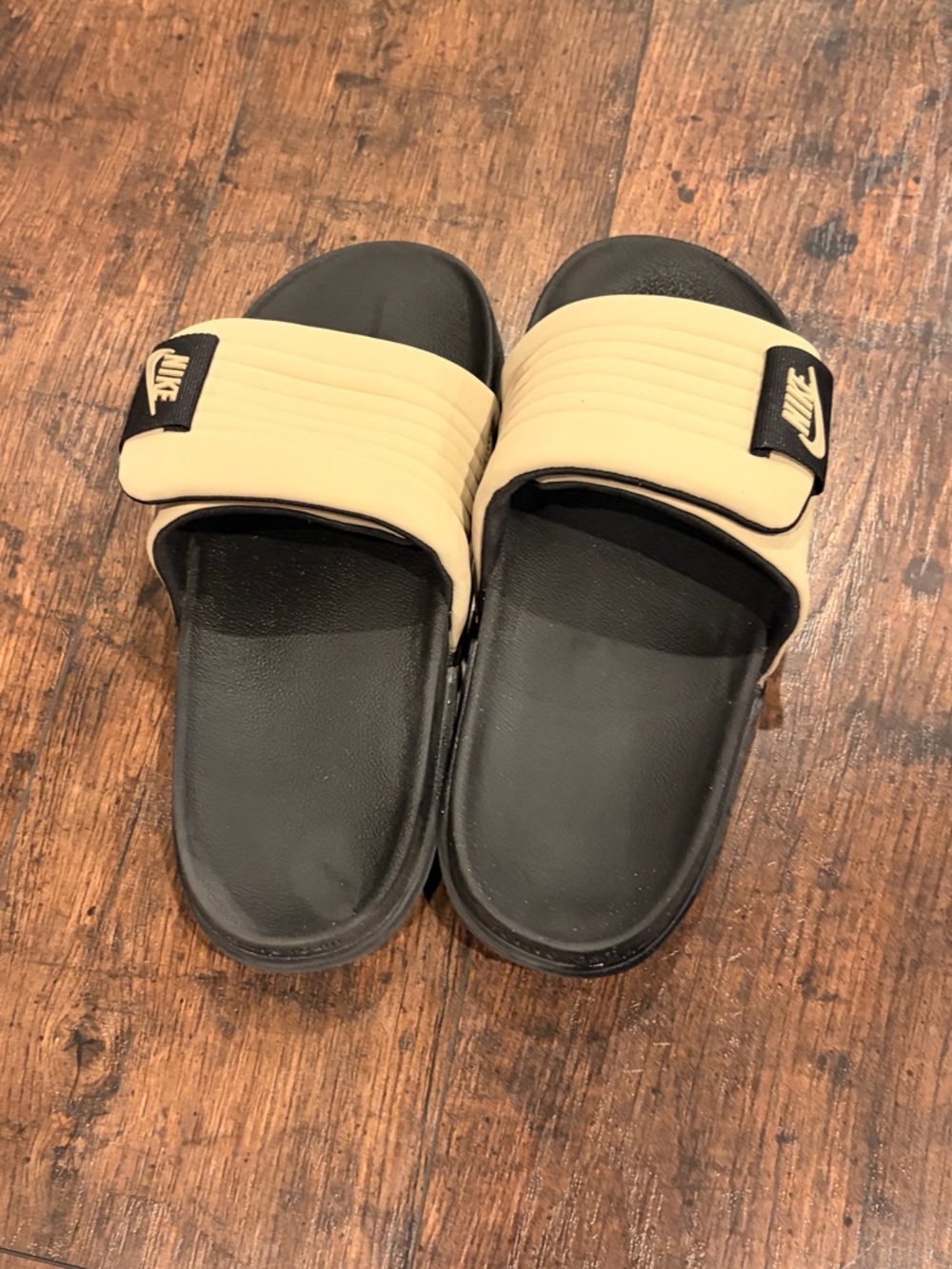 Nike Black Footbed Beige Strap Adjustable Slide Sandals